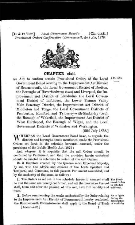 Local Government Board's Provisional Orders Confirmation (Bournemouth, &c.) Act 1878