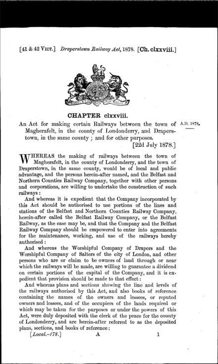 Draperstown Railway Act 1878