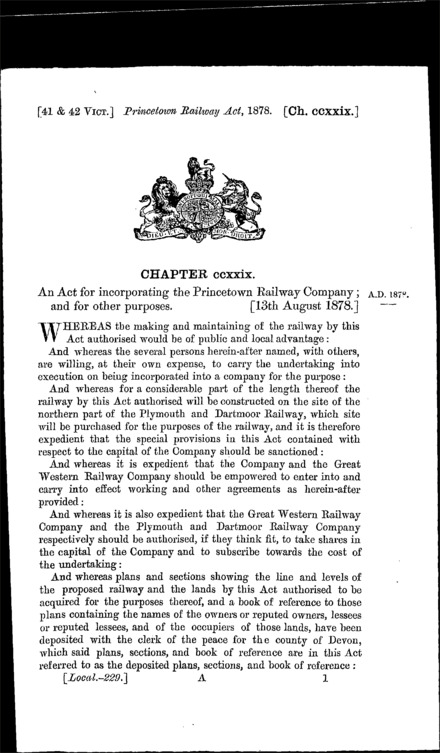 Princetown Railway Act 1878