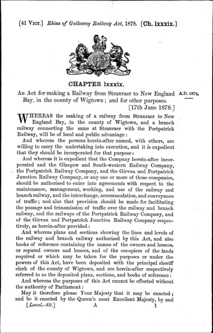 Rhins of Galloway Railway Act 1878