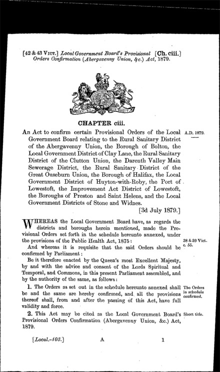 Local Government Board's Provisional Orders Confirmation (Abergavenny Union, &c.) Act 1879