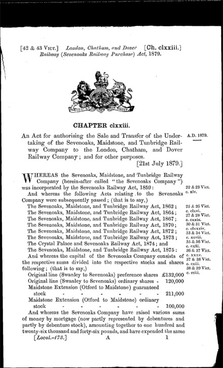 London, Chatham and Dover Railway (Sevenoaks Railway Purchase) Act 1879