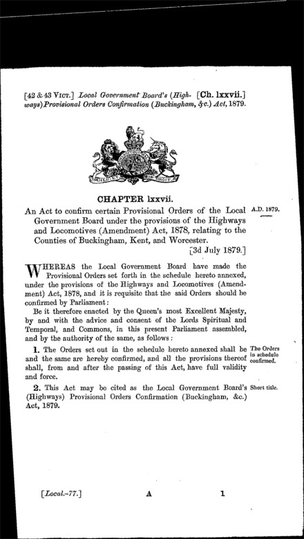Local Government Board's (Highways) Provisional Orders Confirmation (Buckingham, &c.) Act 1879