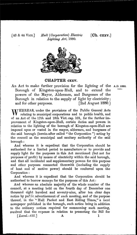 Hull (Corporation) Electric Lighting Act 1880