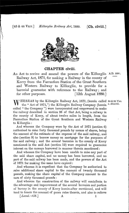 Killorglin Railway Act 1880