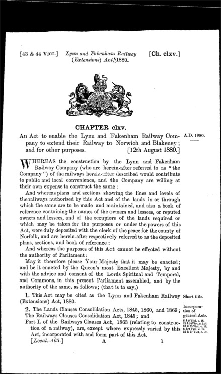 Lynn and Fakenham Railway (Extensions) Act 1880