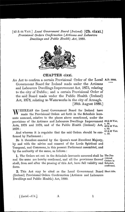 Local Government Board (Ireland) Provisional Orders Confirmation (Artizans and Labourers Dwellings and Public Health) Act 1880