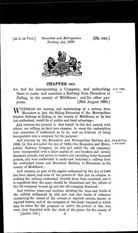 Hounslow and Metropolitan Railway Act 1880