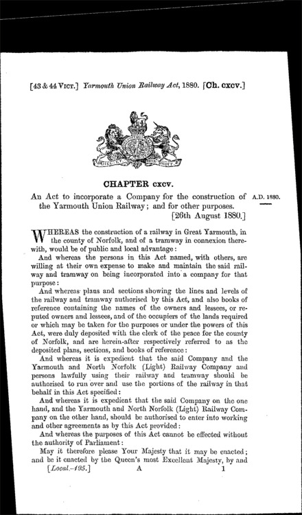 Yarmouth Union Railway Act 1880