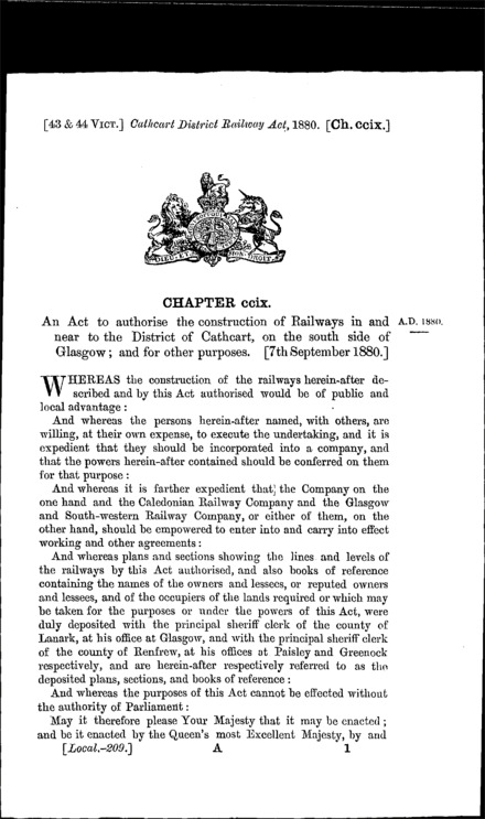 Cathcart District Railway Act 1880