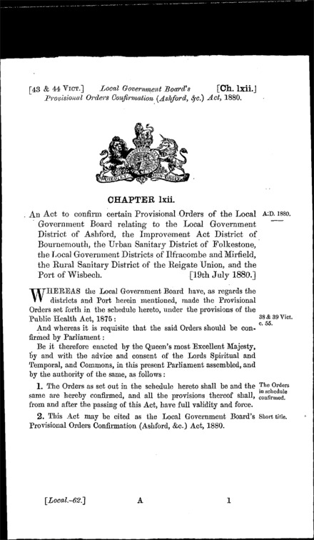 Local Government Board's Provisional Orders Confirmation (Ashford, &c.) Act 1880