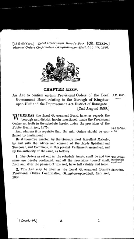 Local Government Board's Provisional Orders Confirmation (Kingston-upon-Hull, &c.) Act 1880