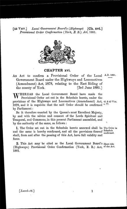 Local Government Board's (Highways) Provisional Order Confirmation (York, East Riding) Act 1881