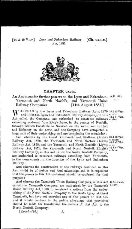Lynn and Fakenham Railway Act 1881