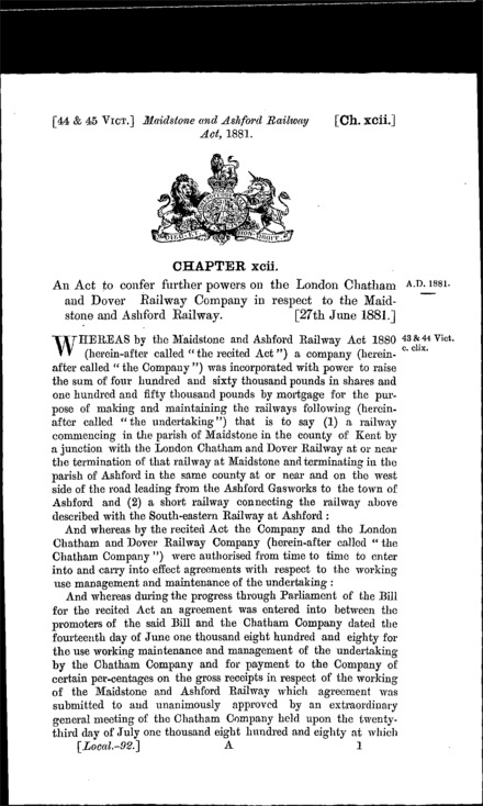 Maidstone and Ashford Railway Act 1881