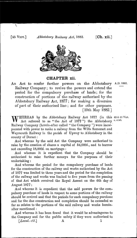 Abbotsbury Railway Act 1882