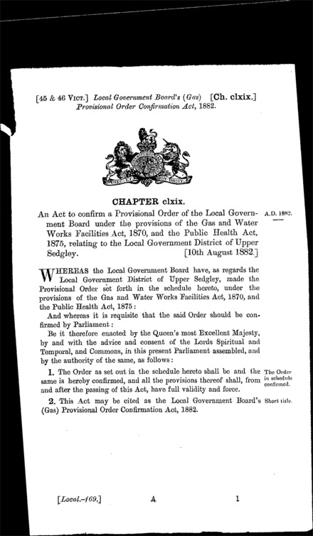 Local Government Board's (Gas) Provisional Order Confirmation Act 1882