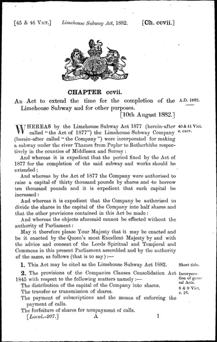Limehouse Subway Act 1882