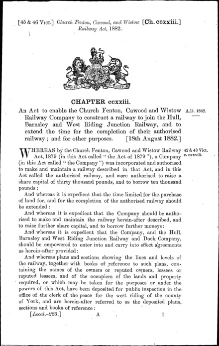 Church Fenton, Cawood and Wistow Railway Act 1882
