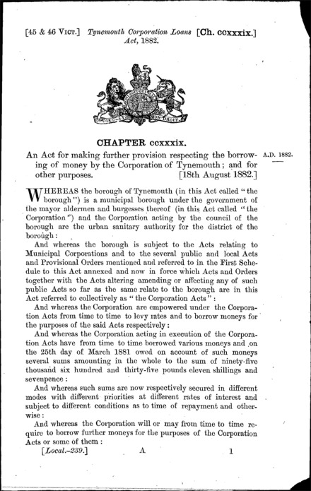 Tynemouth Corporation Loans Act 1882