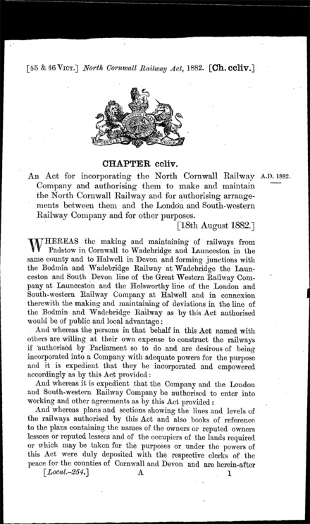 North Cornwall Railway Act 1882