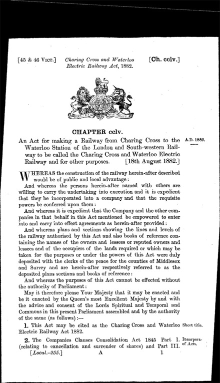 Charing Cross and Waterloo Electric Railway Act 1882