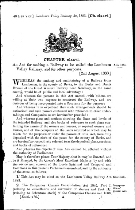 Lambourn Valley Railway Act 1883