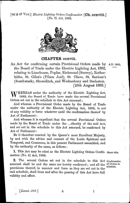 Electric Lighting Orders Confirmation (No. 6) Act 1883
