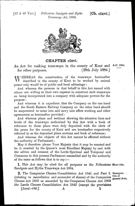 Folkestone, Sandgate and Hythe Tramways Act 1884