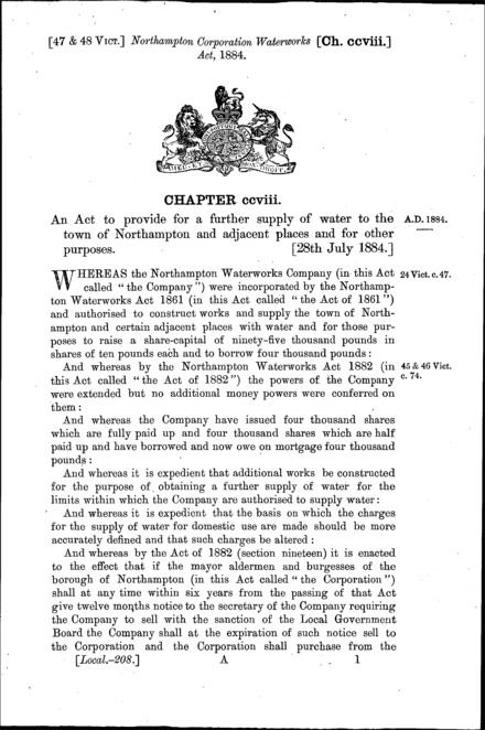 Northampton Corporation Waterworks Act 1884