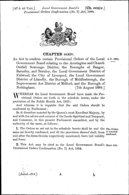 Local Government Board's Provisional Orders Confirmation (No. 7) Act 1884
