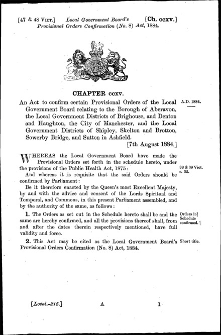 Local Government Board's Provisional Orders Confirmation (No. 8) Act 1884