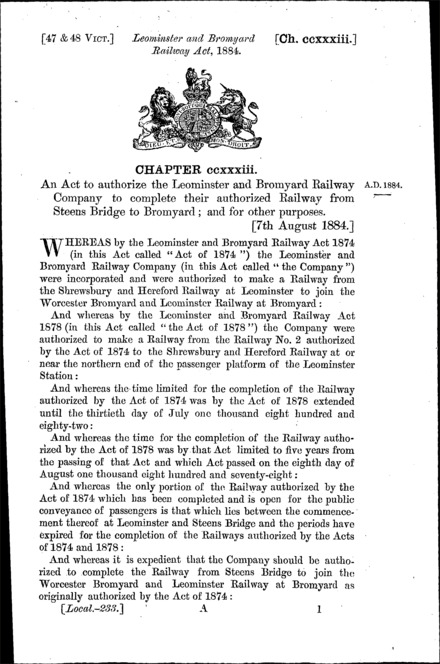 Leominster and Bromyard Railway Act 1884