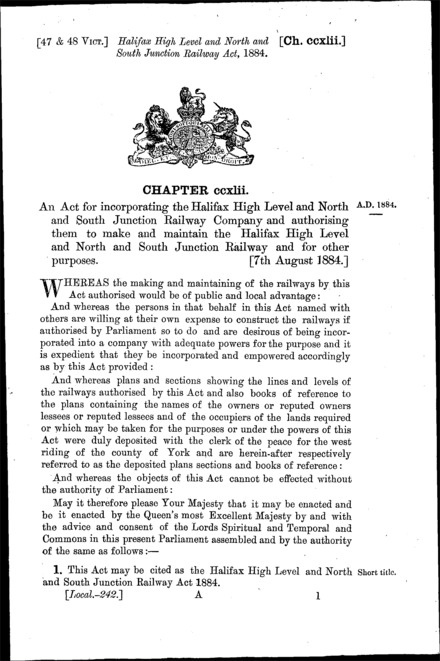 Halifax High Level and North and South Junction Railway Act 1884