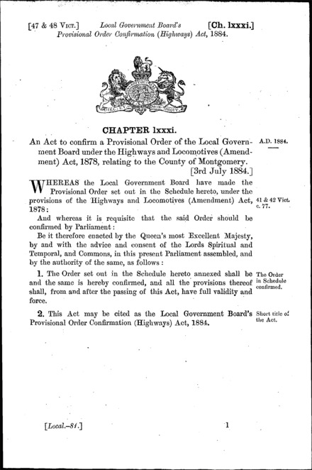 Local Government Board's Provisional Order Confirmation (Highways) Act 1884