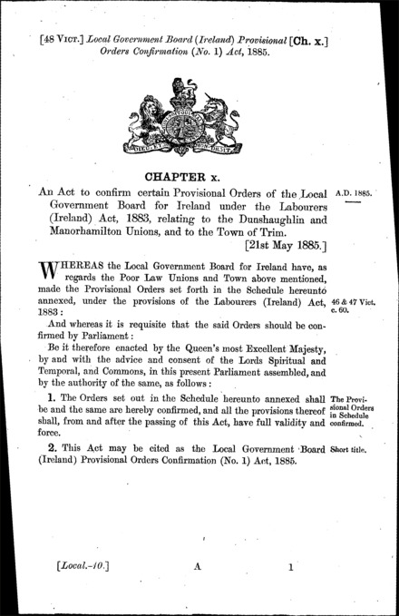 Local Government Board (Ireland) Provisional Orders Confirmation (No. 1) Act 1885