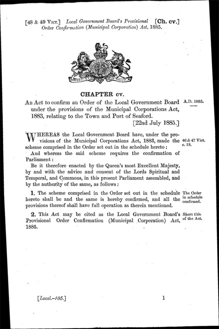 Local Government Board's Provisional Order Confirmation (Municipal Corporation) Act 1885