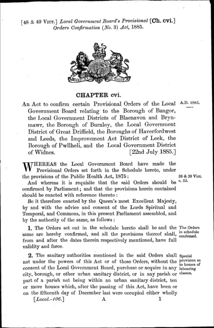 Local Government Board's Provisional Orders Confirmation (No. 3) Act 1885