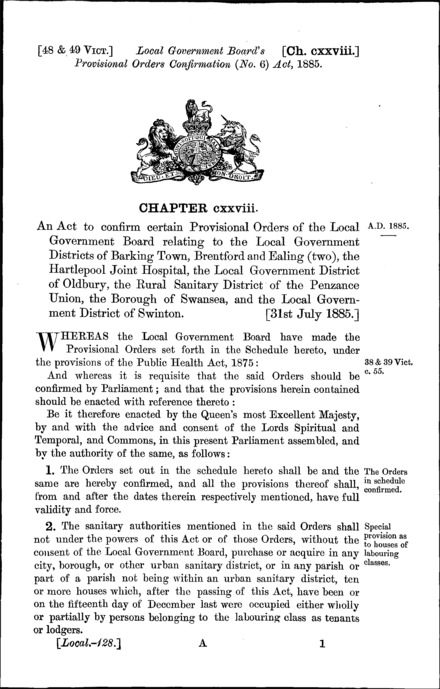 Local Government Board's Provisional Orders Confirmation (No. 6) Act 1885