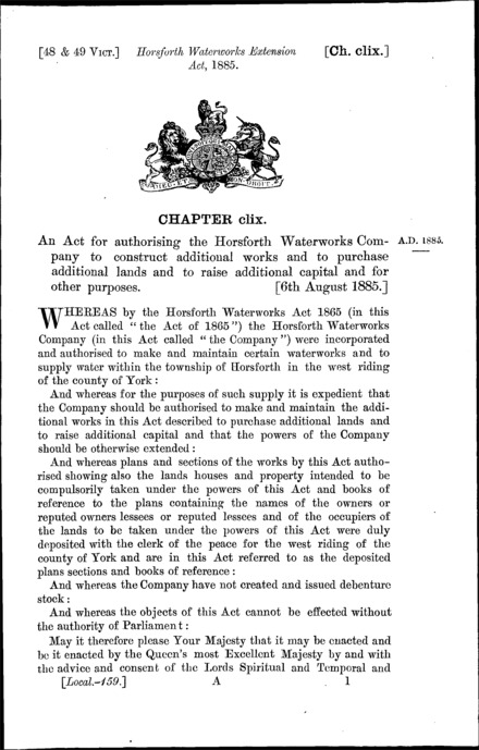 Horsforth Waterworks Extension Act 1885