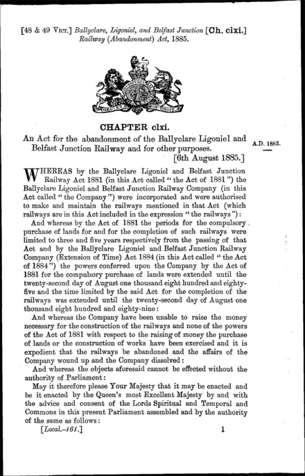 Ballyclare, Ligoniel and Belfast Junction Railway (Abandonment) Act 1885