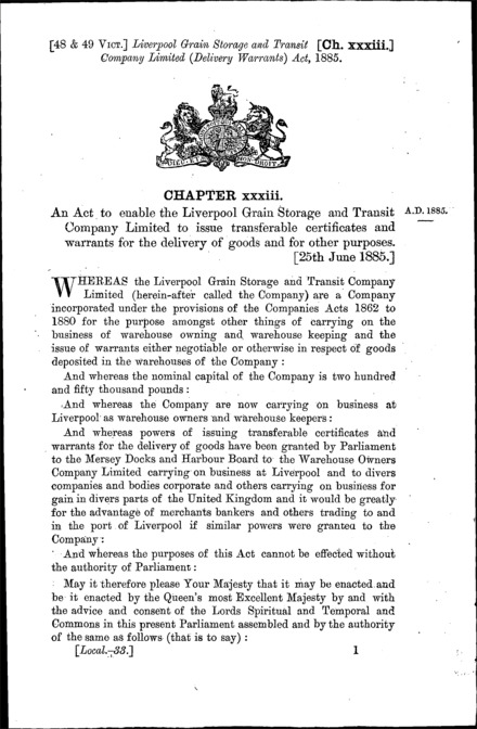 Liverpool Grain Storage and Transit Company (Delivery Warrants) Act 1885