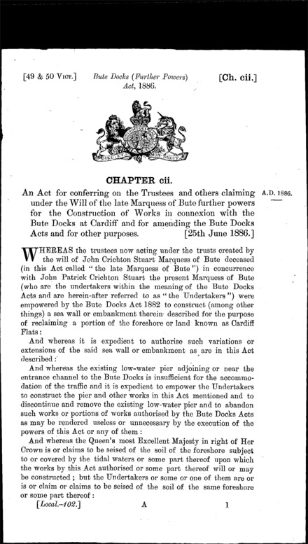 Bute Docks (Further Powers) Act 1886