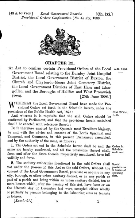 Local Government Board's Provisional Orders Confirmation (No. 4) Act 1886