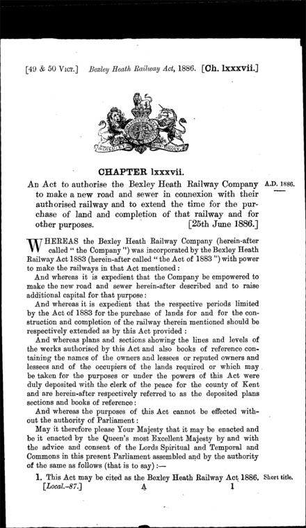 Bexley Heath Railway Act 1886