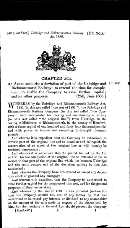 Uxbridge and Rickmansworth Railway Act 1886