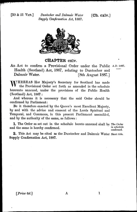 Duntocher and Dalmuir Water Supply Confirmation Act 1887
