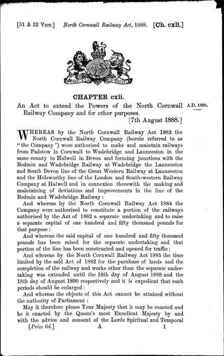 North Cornwall Railway Act 1888
