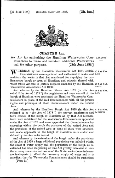 Hamilton Water Act 1888