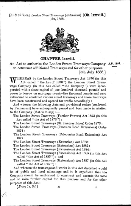 London Street Tramways (Extension) Act 1888